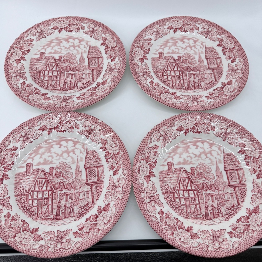 Royal Art Dinner Plates Set 4 English Village Pink Transferware Ironstone 10in